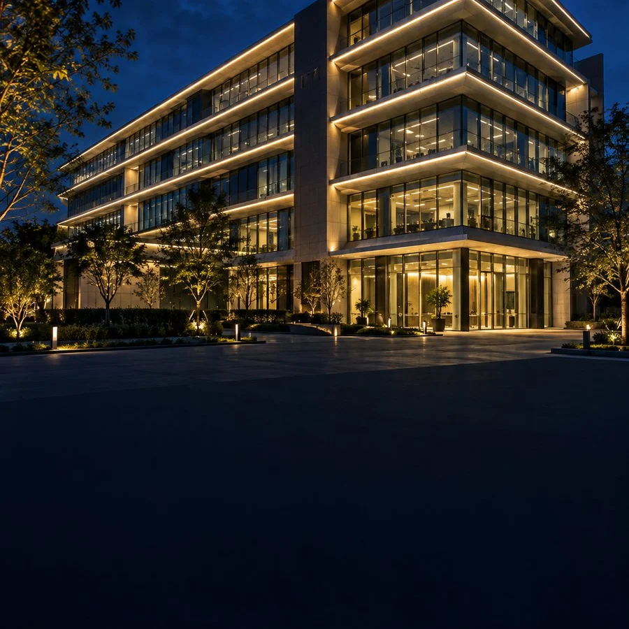 Facade lit with wall washers and linear lights