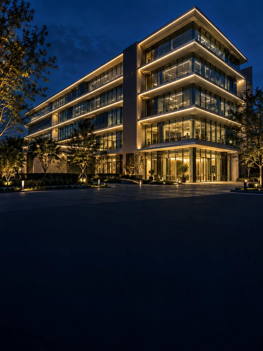 Facade lit with wall washers and linear lights
