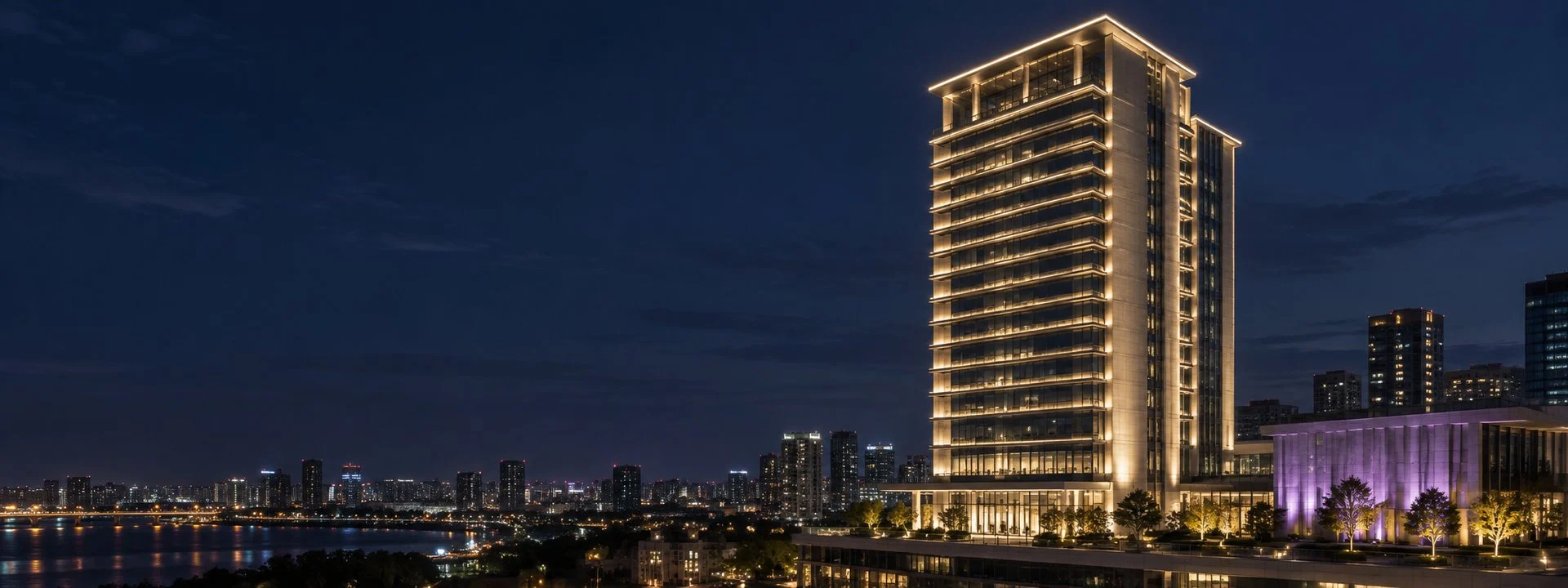 Office tower facade lit by LED wall washers