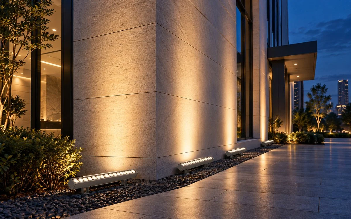 Wall washers lighting a stone facade
